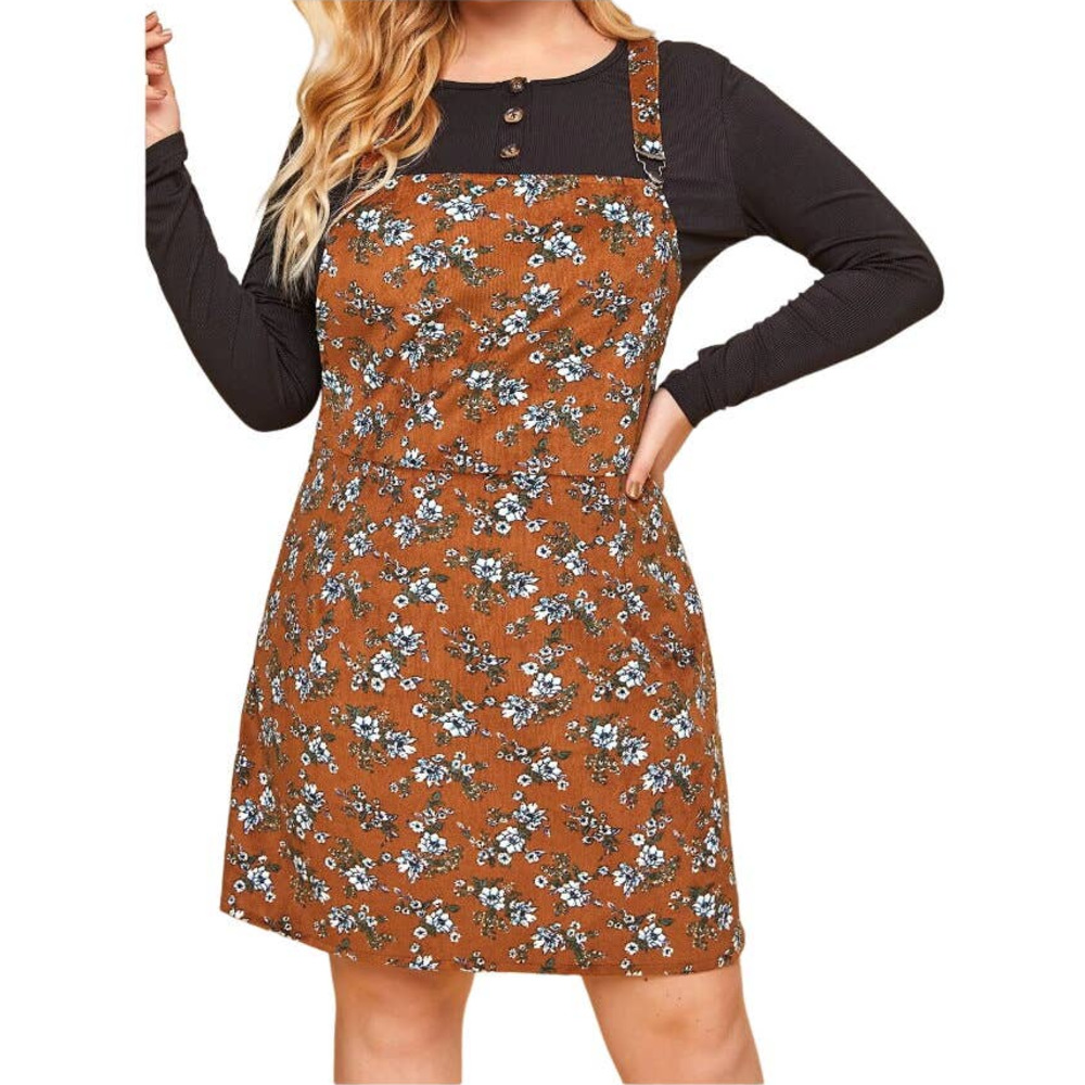 Shein Women Plus Ditsy Floral Corduroy Overall Dress Brown Size 1XL